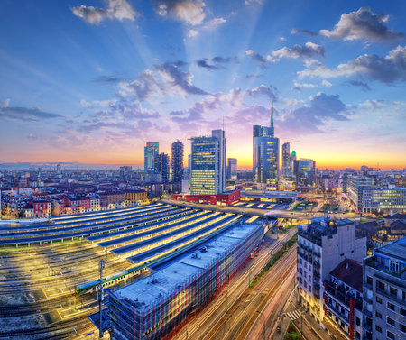 Milan, Italy financial district and train station cityscape at dawn.の写真素材