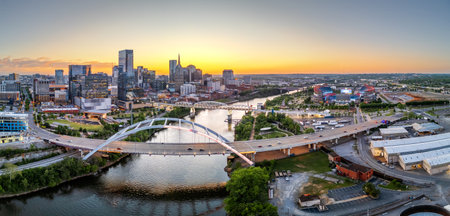 Nashville, Tennessee, USA skyline over the Cumberland River at golden hour.の写真素材