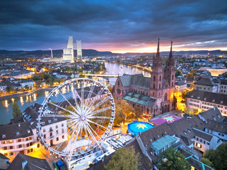 Basel, Switzerland historic cityscape at dawn towards the Rhine River.の写真素材