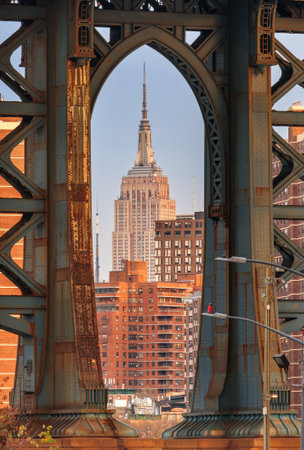 Cityscape with the Manhattan Bridge from Brooklyn in New York City.の写真素材