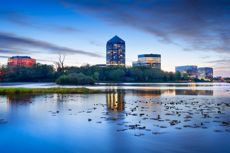 Bloomington, Minnesota, USA cityscape on Lake Normandale at dawn.の写真素材