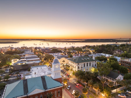 Fernandina Beach, Florida, USA historic downtown cityscape at dusk.の写真素材
