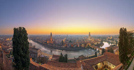 Verona, Italy Skyline on the Adige River at dusk.の写真素材