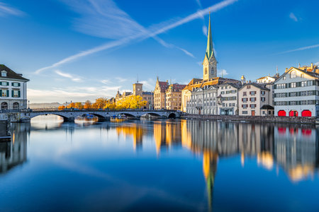 Zurich, Switzerland on the Limmat River in the early morning.の写真素材
