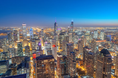 Chicago, Illinois, USA aerial cityscape towards Lake Michigan at dusk.の写真素材