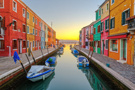 Burano, Venice, Italy colorful buildings at golden hour.の写真素材