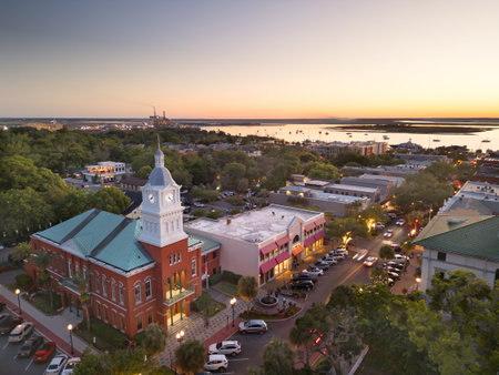 Fernandina Beach, Florida, USA historic downtown cityscape at dusk.の写真素材