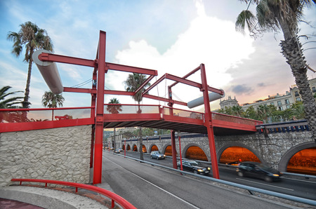 View of red pedestrian bridge in Barcelonaの写真素材