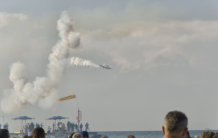 Bellaria, Italy - June 05, 2016: Risky maneuver of soloist of the Tricolour Arrowsのeditorial素材