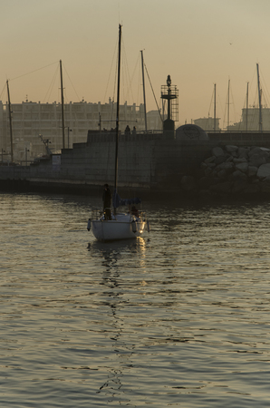 View of sundown over the harbor of Riminiの写真素材