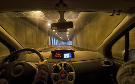 Inside view of a car in a tunnelの写真素材