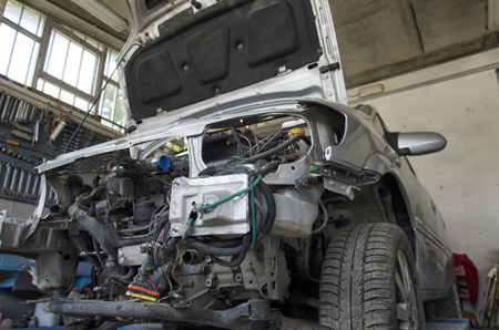View of the motor hood of an incident carの写真素材