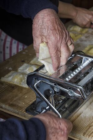View of the preparation of thin doughの写真素材