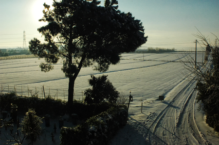 View of the countryside after a snowfallの写真素材
