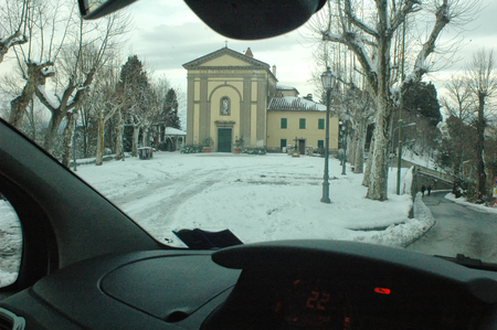 Driving a car after a bomb cycloneの写真素材