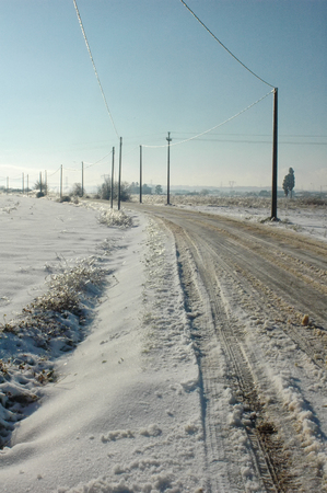 View of a country road after a snowfallの写真素材