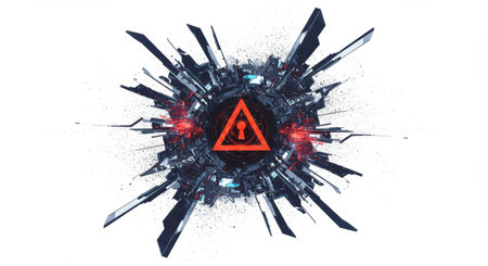 Abstract digital artwork with a red warning sign and a keyhole in the center. Digital illustration of a futuristic data breach warning.の素材