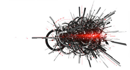 Abstract 3D rendering of a geometric explosion on a white background, featuring a central red light source surrounded by black, gray, and red shapes and lines.の素材