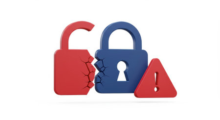 Conceptual image of broken red and blue padlocks with a red exclamation point warning sign on white background.の素材
