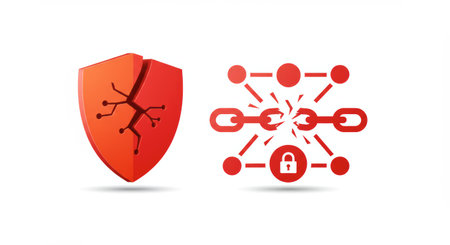 Vulnerable blockchain with broken security, shield cracked and a chain broken, isolated on white background.の素材