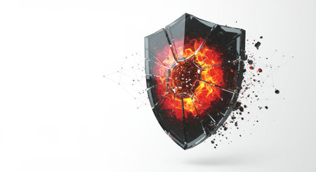 A stylized 3D render of a shield made of glass breaking apart with intense fire bursting from within.の素材