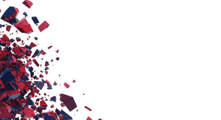 A visually striking abstract image featuring a cluster of red and blue geometric fragments cascading against a clean white background. The composition evokes a sense of deconstruction and dynamic energy.の素材