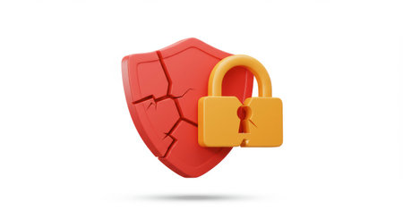 A red, cracked shield symbol with a yellow padlock, representing security breach or data vulnerability. Perfect for cybersecurity and risk management concepts.の素材