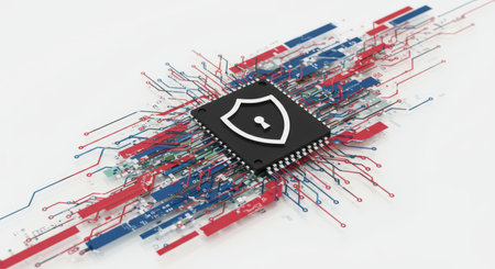 A computer microchip with a shield, cybersecurity concept, on a white background with interconnected lines. Illustration for internet safety, data protection, and digital privacy.の素材