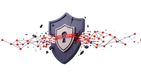 A cracked security shield with a keyhole is depicted, indicating vulnerabilities in cybersecurity or data protection.の素材