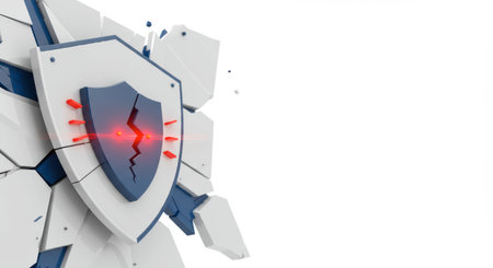 A 3D render of a white and blue shield breaking apart, with a cracked symbol illuminated in red. The background is white, offering ample space for adding text or design elements.の素材