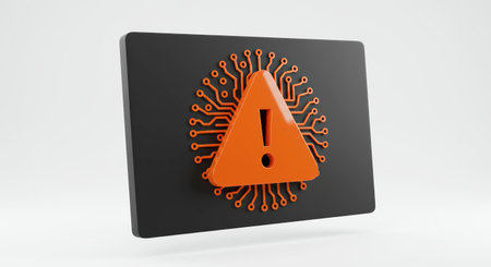 A 3D rendered icon representing a cyber security alert, featuring an orange exclamation mark inside a triangle, surrounded by a circuit board pattern on a black square.の素材
