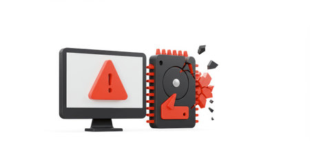 3D rendering of a crashed hard drive next to a computer monitor showing an alert sign. Concept of data loss, hardware failure, and cybersecurity risks.の素材