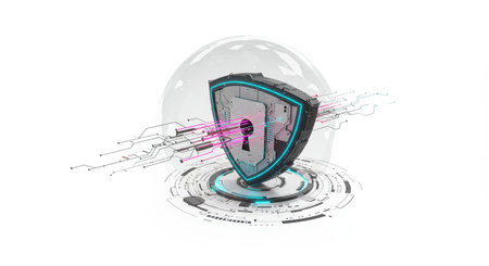 Futuristic shield protecting from cyber threats, network security system concept.の素材