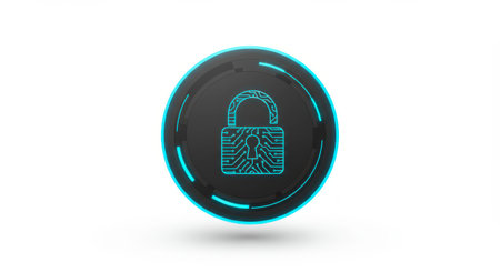 Futuristic cyber security lock icon on a round button. Represents data protection, digital safety and encrypted data.の素材