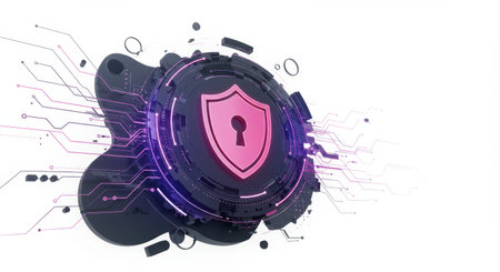 A futuristic render of a digital shield symbol with a keyhole. This represents cybersecurity, data protection, and digital privacy in a modern tech environment.の素材