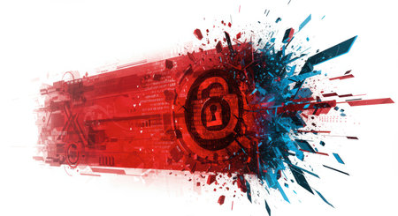 Abstract illustration depicting a cyber security breach with a padlock symbol breaking apart in a high-tech, digital environment.の素材