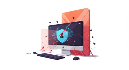 A computer screen displaying a shield icon to signify cybersecurity, protection, and data privacy. The overall illustration has a modern, digital aesthetic.の素材