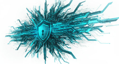 A digital shield with a keyhole symbolizes cybersecurity, surrounded by a glowing blue circuit board pattern, representing data protection and network security in the digital world.の素材