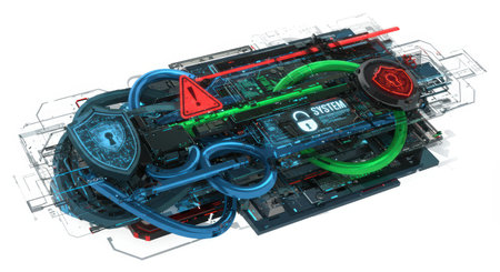 A 3D rendering of system security elements, with shields, pipes, and a warning triangle.の素材