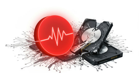 Illustration representing a broken hard drive with a red heart rate symbol, suggesting data loss or corruption, and the need for data recovery services.の素材