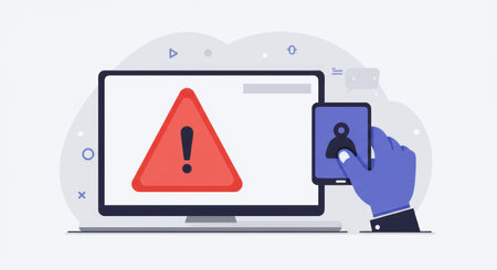 Illustration of a computer screen showing an exclamation point inside a red triangle, indicating an alert, with a phone being held up to the screen to verify identity.の素材