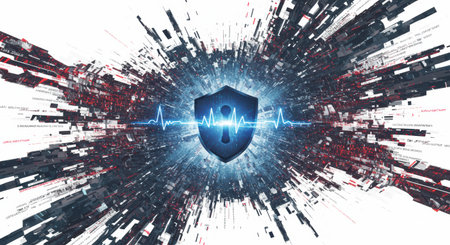 Abstract representation of digital security, featuring a shield symbol with a heartbeat line, surrounded by bursts of digital data and code fragments. Concept for cybersecurity.の素材