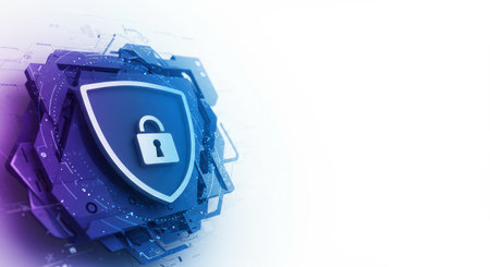 Modern abstract blue toned digital security shield with padlock. Conceptual render.の素材