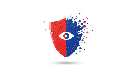 A conceptual illustration of a fractured shield with an eye in the center, split in half with red and blue colors, representing security and vulnerability in the digital world.の素材