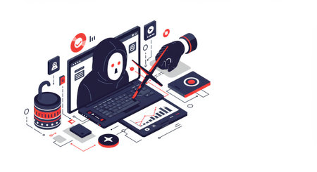 Isometric vector illustration showing a hooded hacker attacking a laptop, with data breach and online security threats.の素材