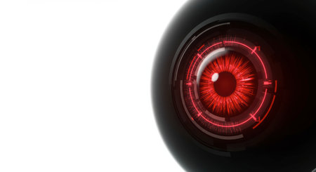 A striking depiction of a cybernetic eye in red, set against a stark white and black background, evoking themes of advanced technology and futuristic design.の素材