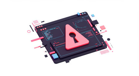 3D render of a stylized website with a prominent warning sign, indicating potential security risks, vulnerability, or access issues. The modern design incorporates digital elements and geometric shapes to represent the complexities of web security.の素材