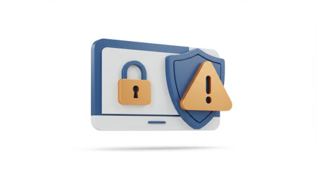 3D render of a tablet with a lock, shield, and alert sign, representing security and protection, isolated on white background.の素材