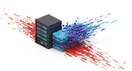 A server rack processing data represented by colorful blocks flowing in and out.の素材