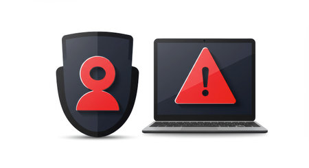 Illustration of a computer with a warning sign next to a shield with a webcam icon, depicting the risk of webcam hacking and the need for internet security.の素材